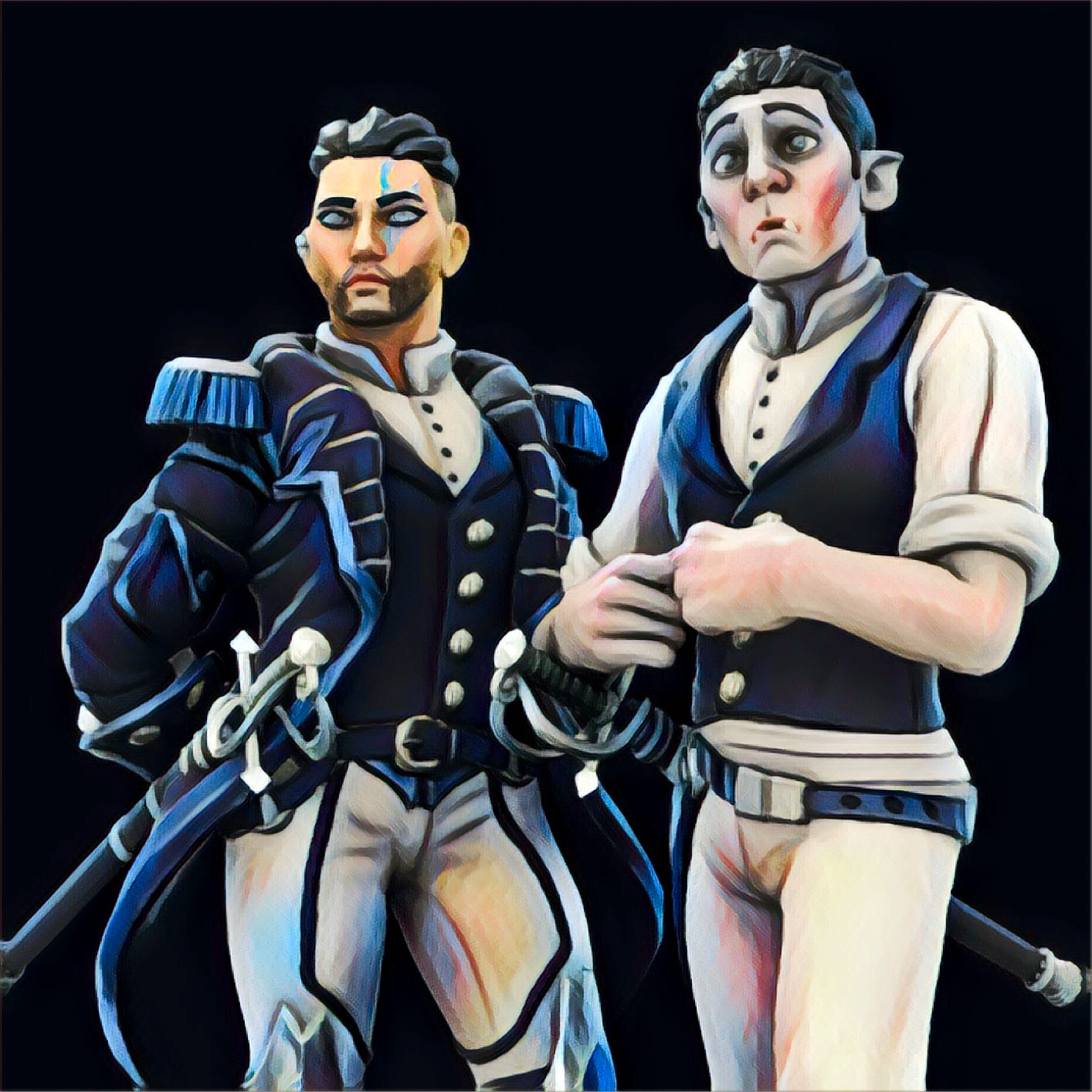Sasha and Semir Two men in white and navy blue uniforms each with a sword on their belt, the one on the left wears a coat with fringed epaulets, the one on the right is a bit taller than the one on the left and has the purplish complexion and tusks of a half-orc as well