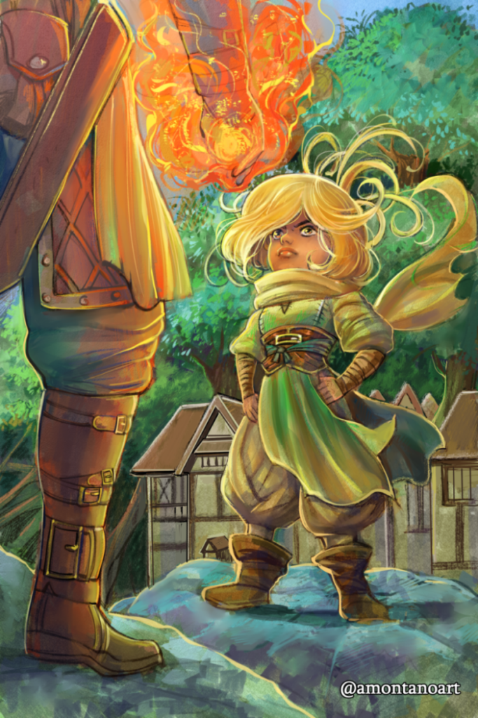 commission-amontanoart-fantasy-683x1024.png A halfling stands looking at a person off page with a fire hand.