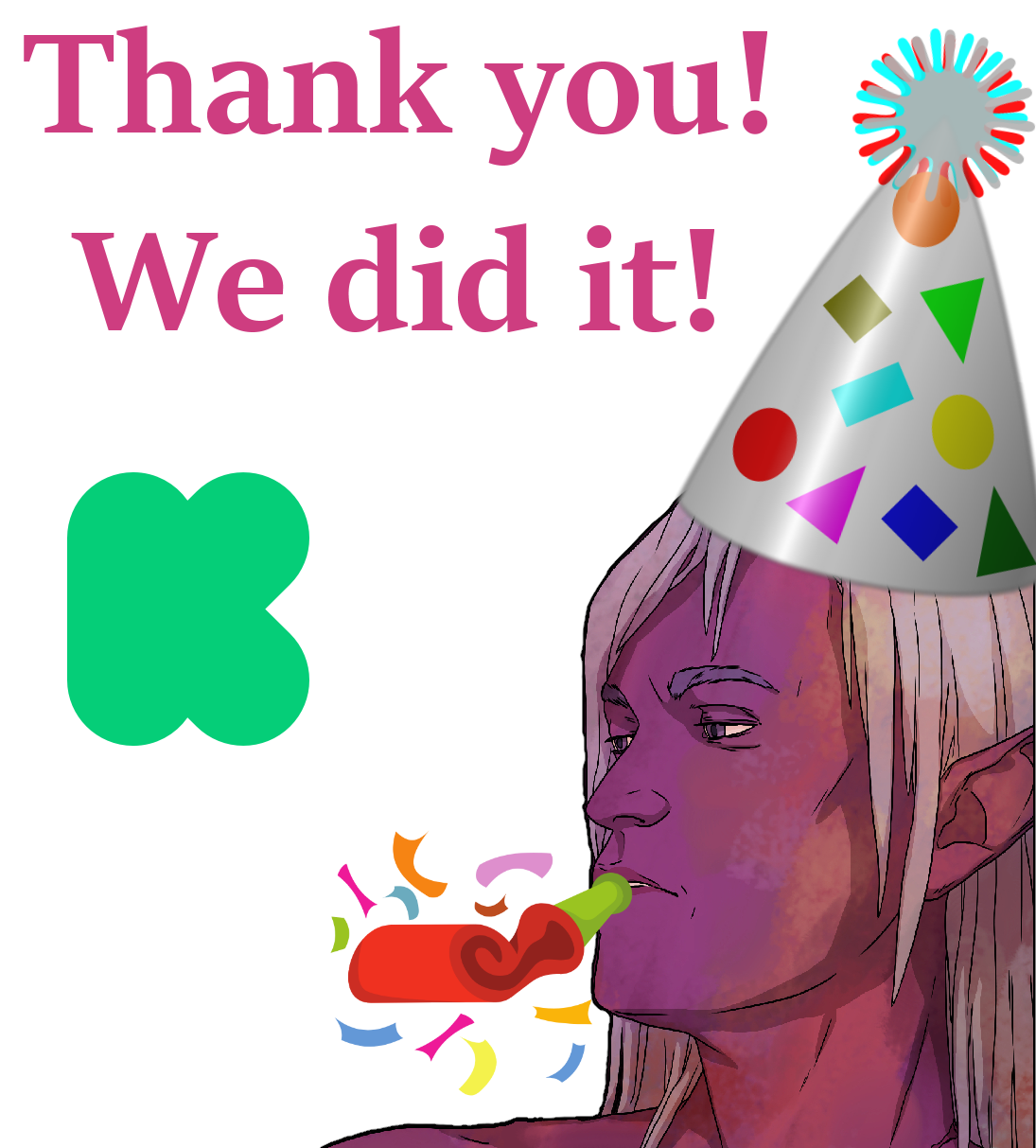 Thank you! We did it! An elf has a party hat and a party blower. 