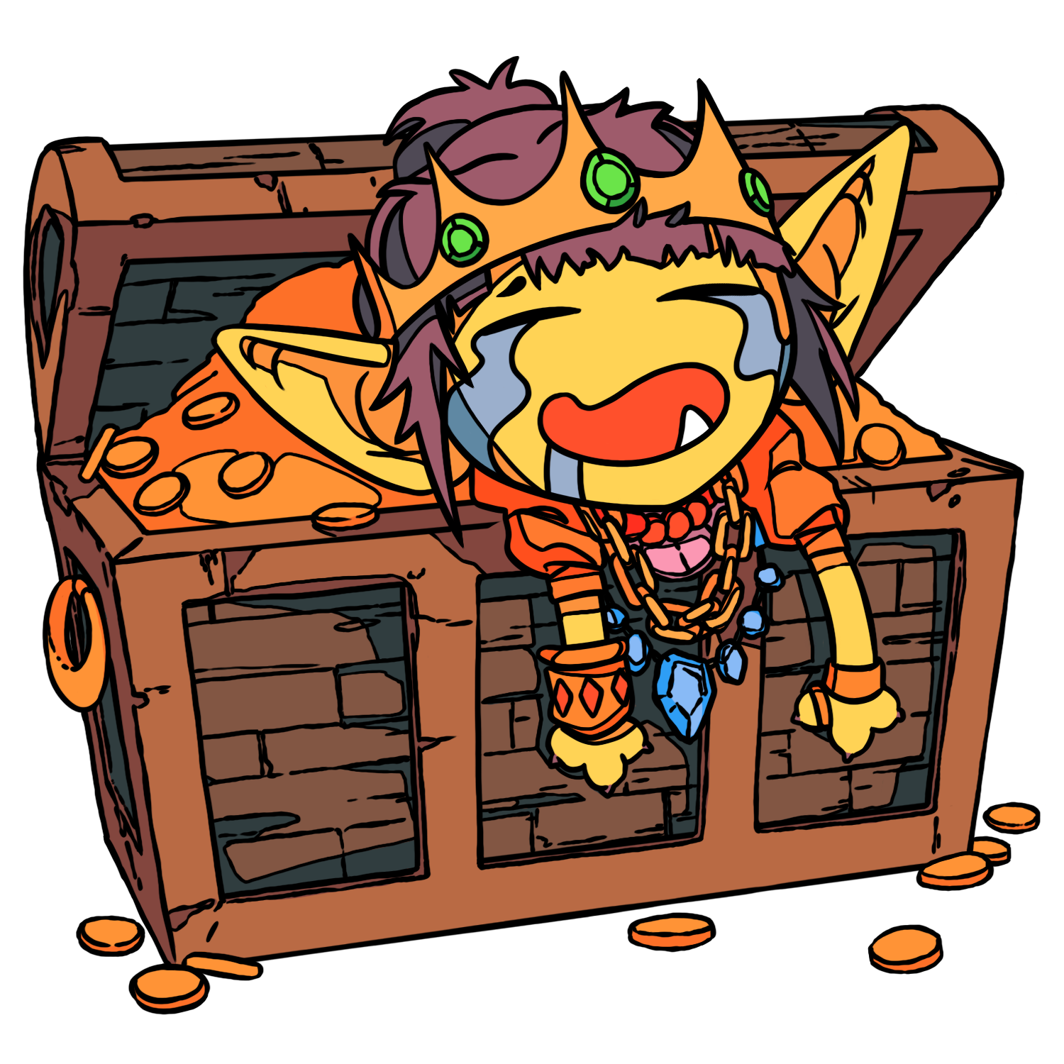 A goblin enjoy a chest of riches by getting inside it.