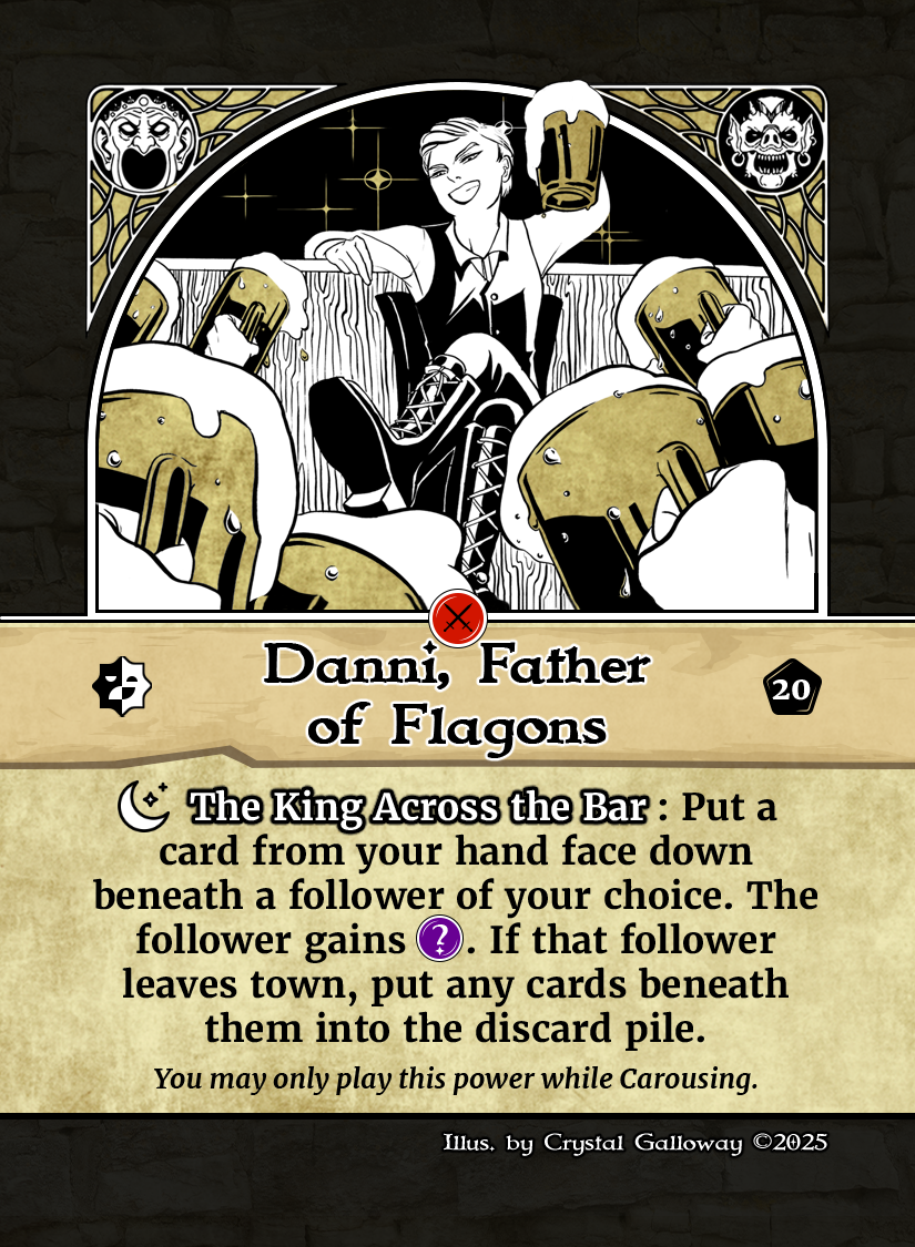 Danni, Father of Flagons.2025.GC.png Danni, Father of Flagons Renown Personality Card Prestige Side
