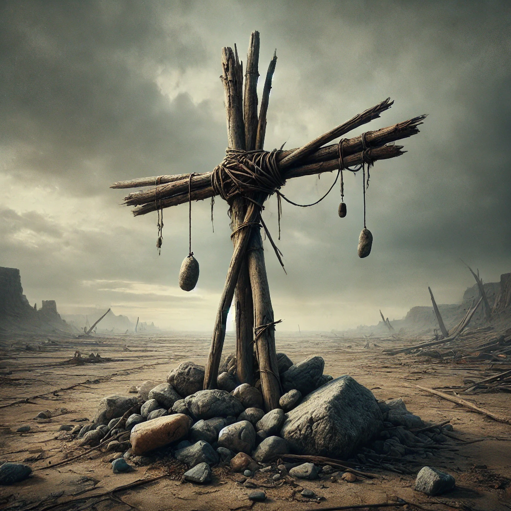 3-sticks-joined-together-at-the-top-by-a-rope-rocks-piled-beneath-them-bones-on-string-dangle-from-153369750-removebg-preview.png