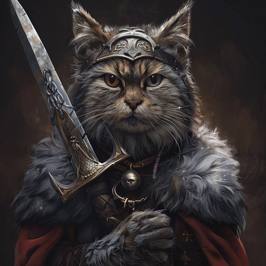Northern cat person in Viking garb and carrying a sword