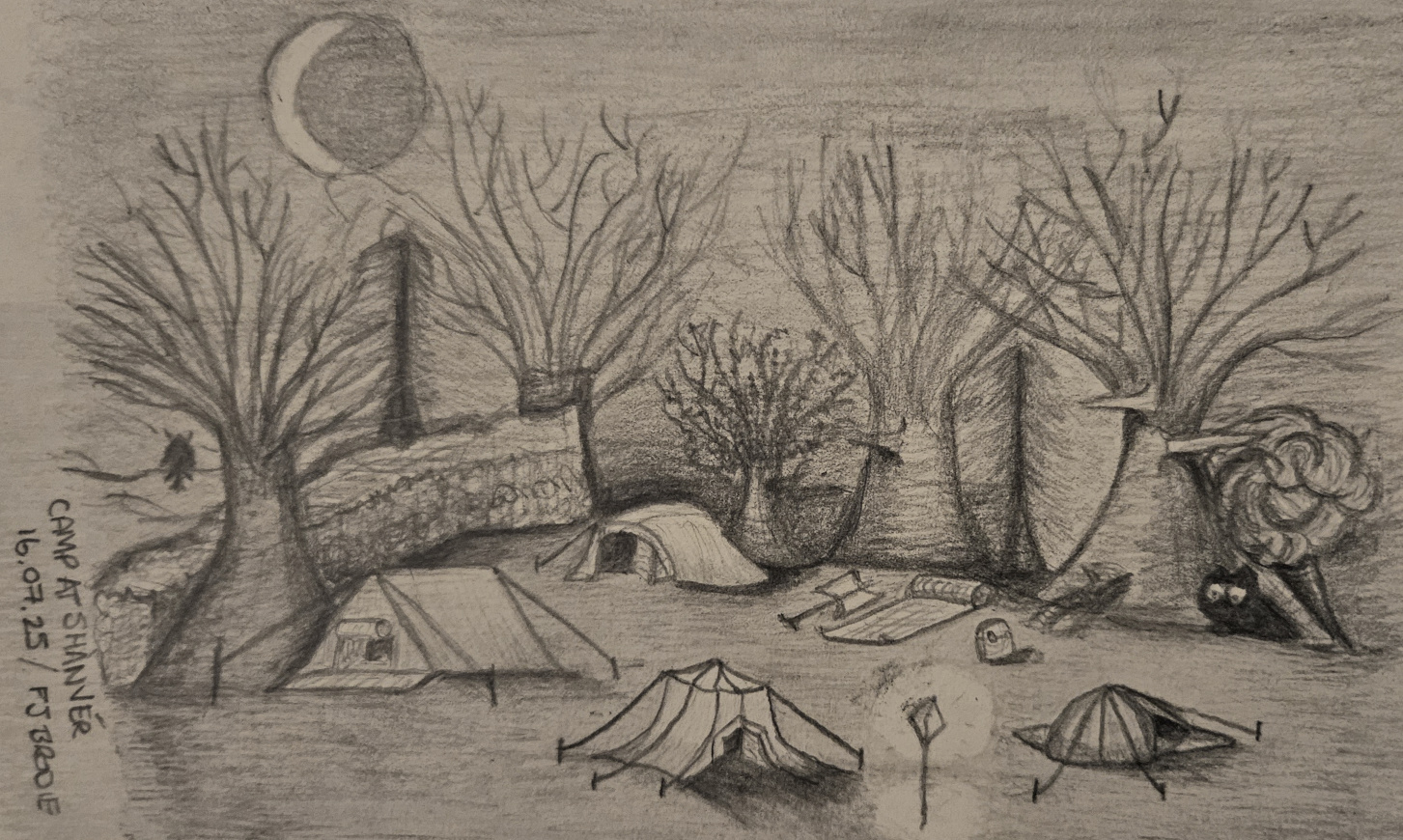 20-Original-Sketch-of-the-Camp-at-Shanvér-by-FJ-Brodie-2025.jpg An original hand-drawn sketch by FJ Brodie (August 2025) depicting four different tents in a circle of trees and a hedgerow. The moon is waning and the only wildlife you can see is a bird in a tree and some eyes peering through the dark off to one side.