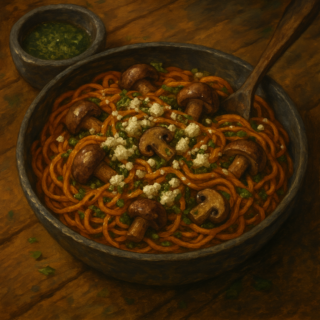 A bowl of noodles accompanied by mushrooms, herbs and crumbled fresh cheese
