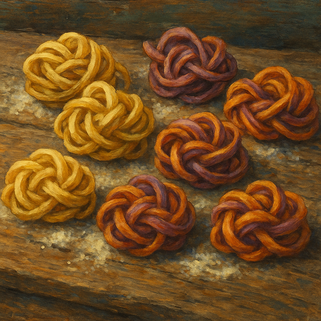 bundles of noodles that resemble balls of yarn in yellow, orange and purplish colors on a wooden countertop