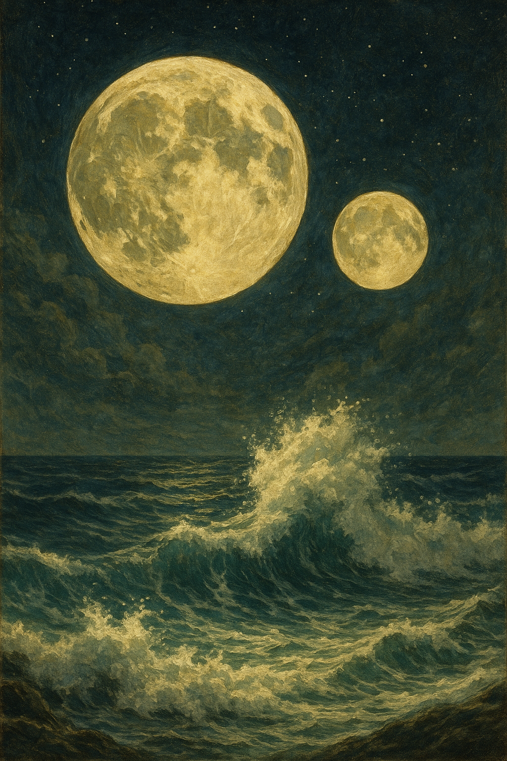 A large and a small moon, both in full phase, in the night sky over large waves