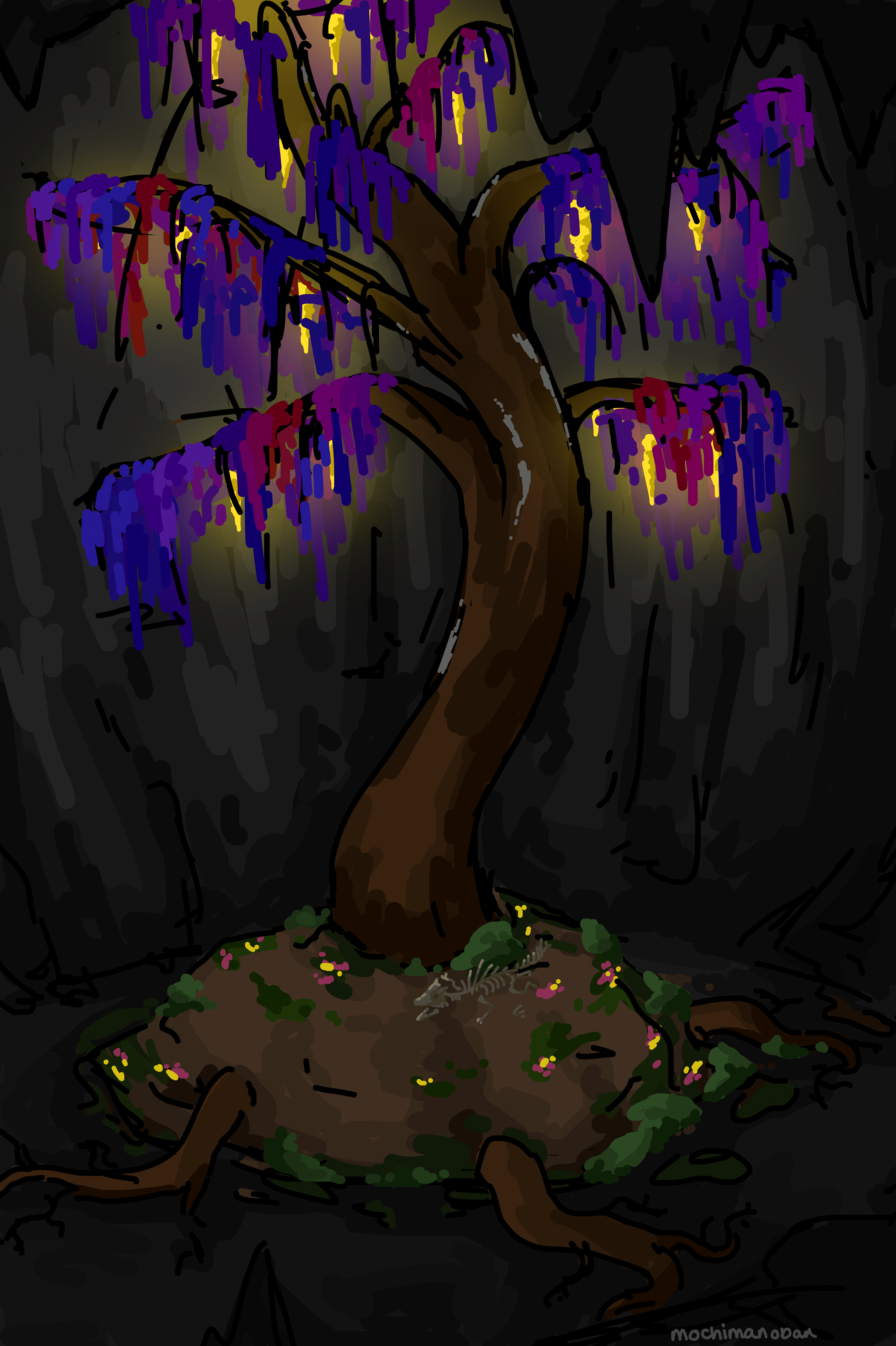A drawing of a tree inside a cave. The leaves are purple and blue and in between some you can see shining objects. At the bottom of the tree, you can see a mound of dirt with moss and grass and the tree's roots go out and there's a tiny skeleton.