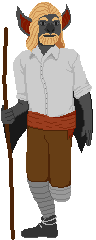 Nieren Fullbody A pixel fullbody art of a bat man. Wearing white shirt, brown pants, a red sash, wrappings on his legs and black shoe. He's missing the part of the left leg. Holds a brown staff.