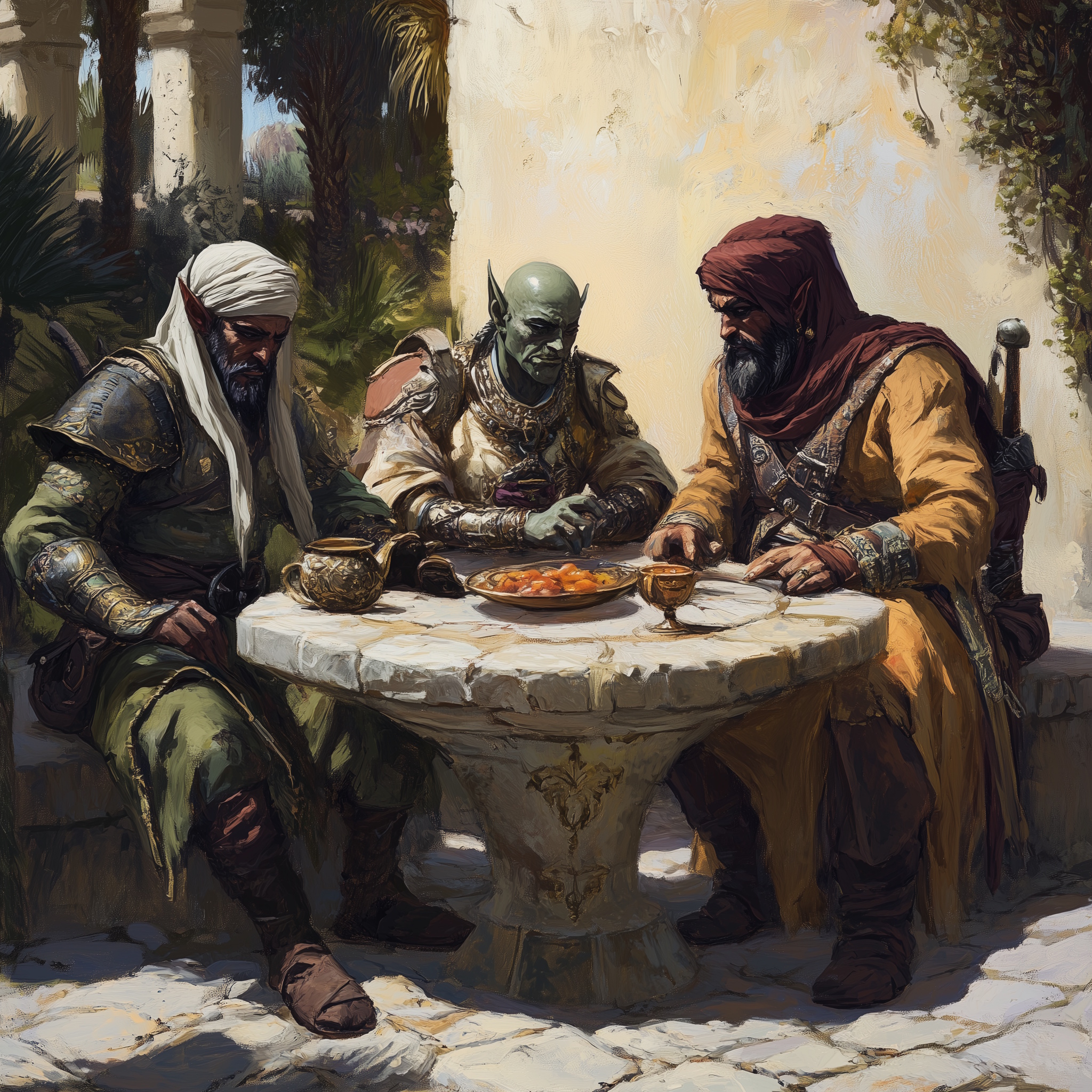 Warrior, Pirate and Merchant sitting at a stone table in a desertic garden