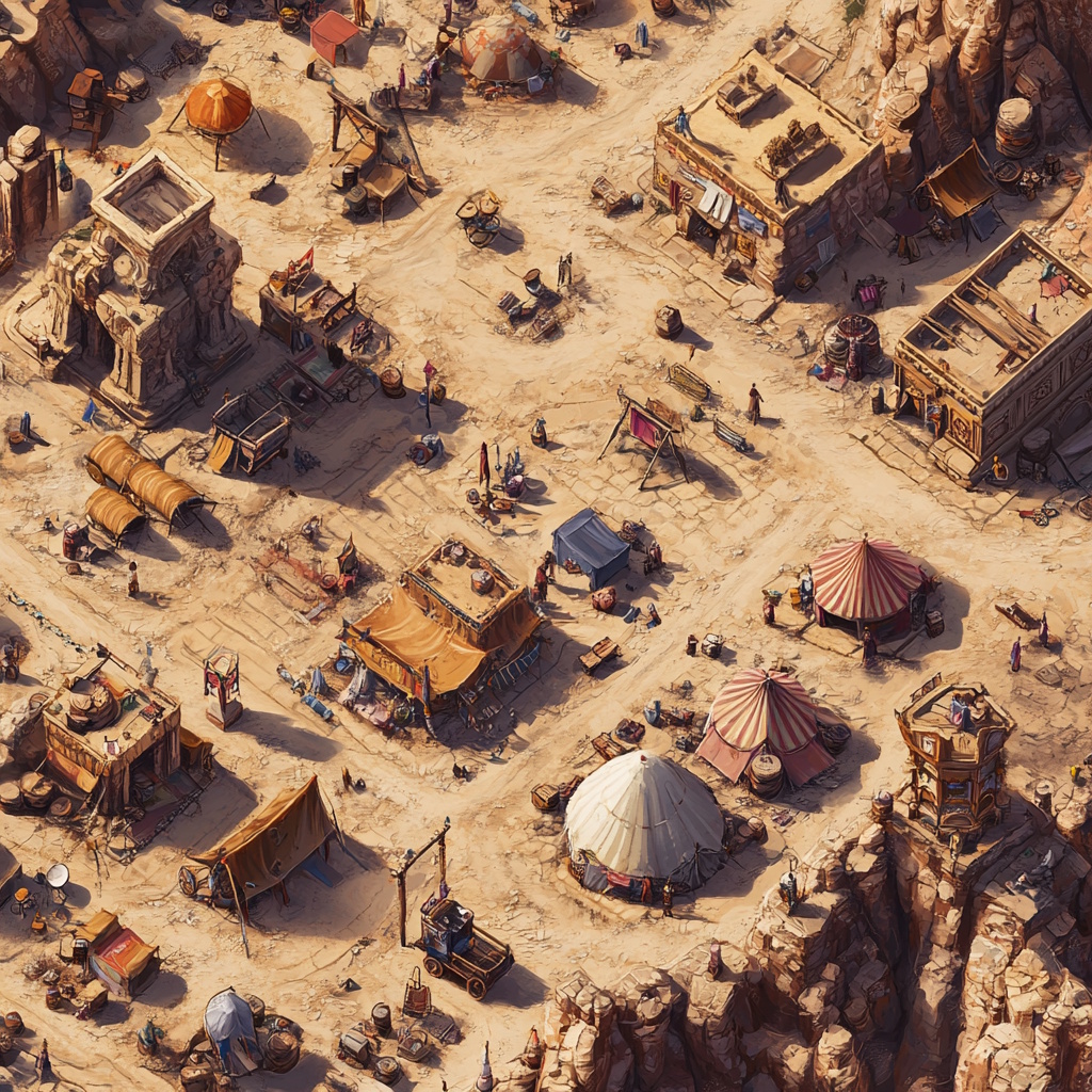 Areal view of desertic district with mix of tents and sandstone houses