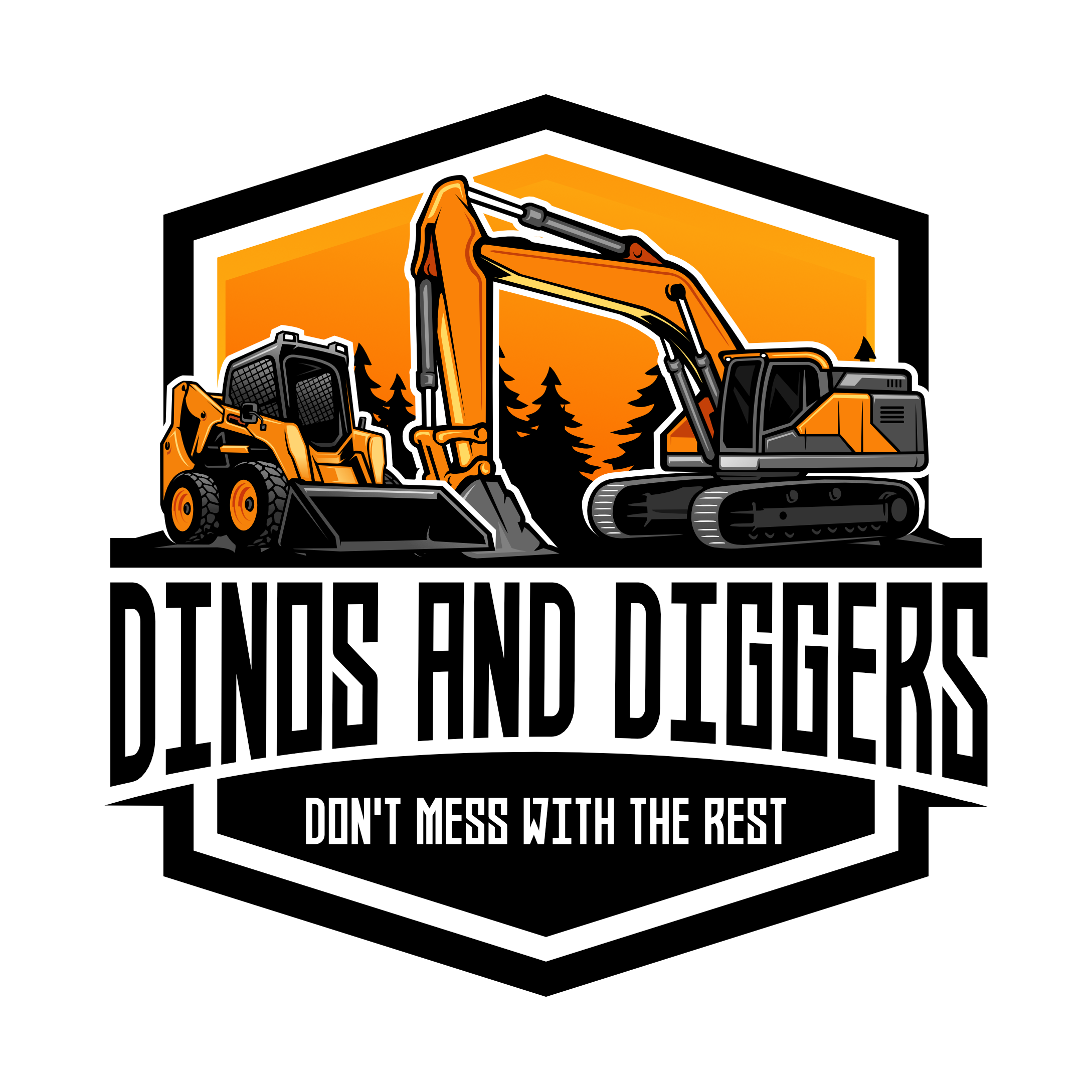 A hexagonal logo in orange, grey, and black. At the top, a woodland scene with heavy excavating equipment. In the middle, text, black on white: 