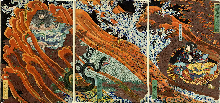 Yoshitsuya_The_Battle_of_Magic.jpg A traditional Japanese painting of a battle between sorcerers, with shapeshifting into animals and the summoning of elemental forces