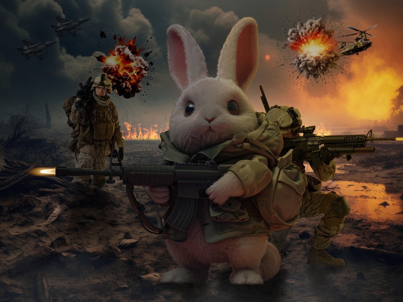 A rabbit soldier on a battlefield, with human soldiers and air burst explosions and aircraft in the background