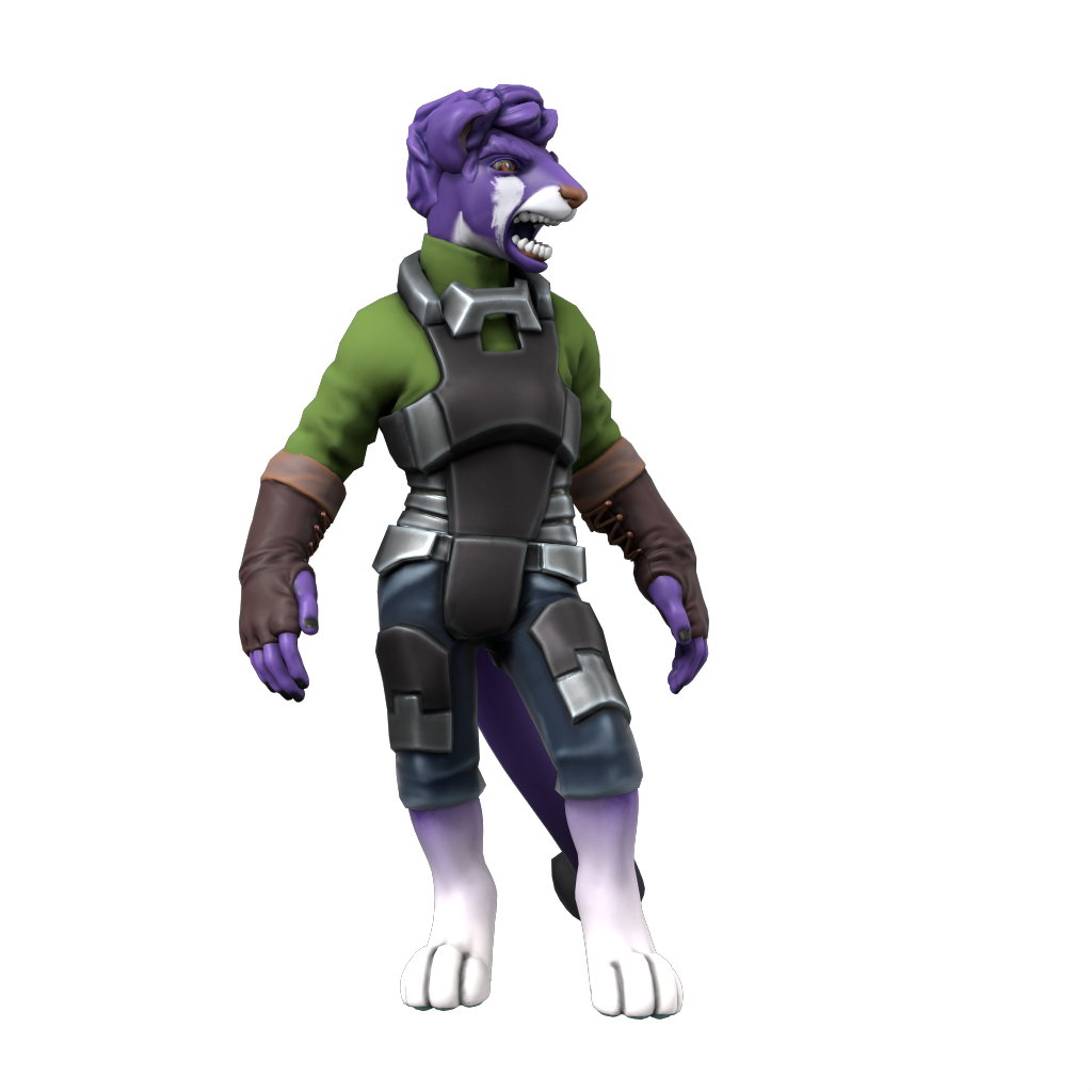 A purple anthropomorphic stoat, snarling, in military gear