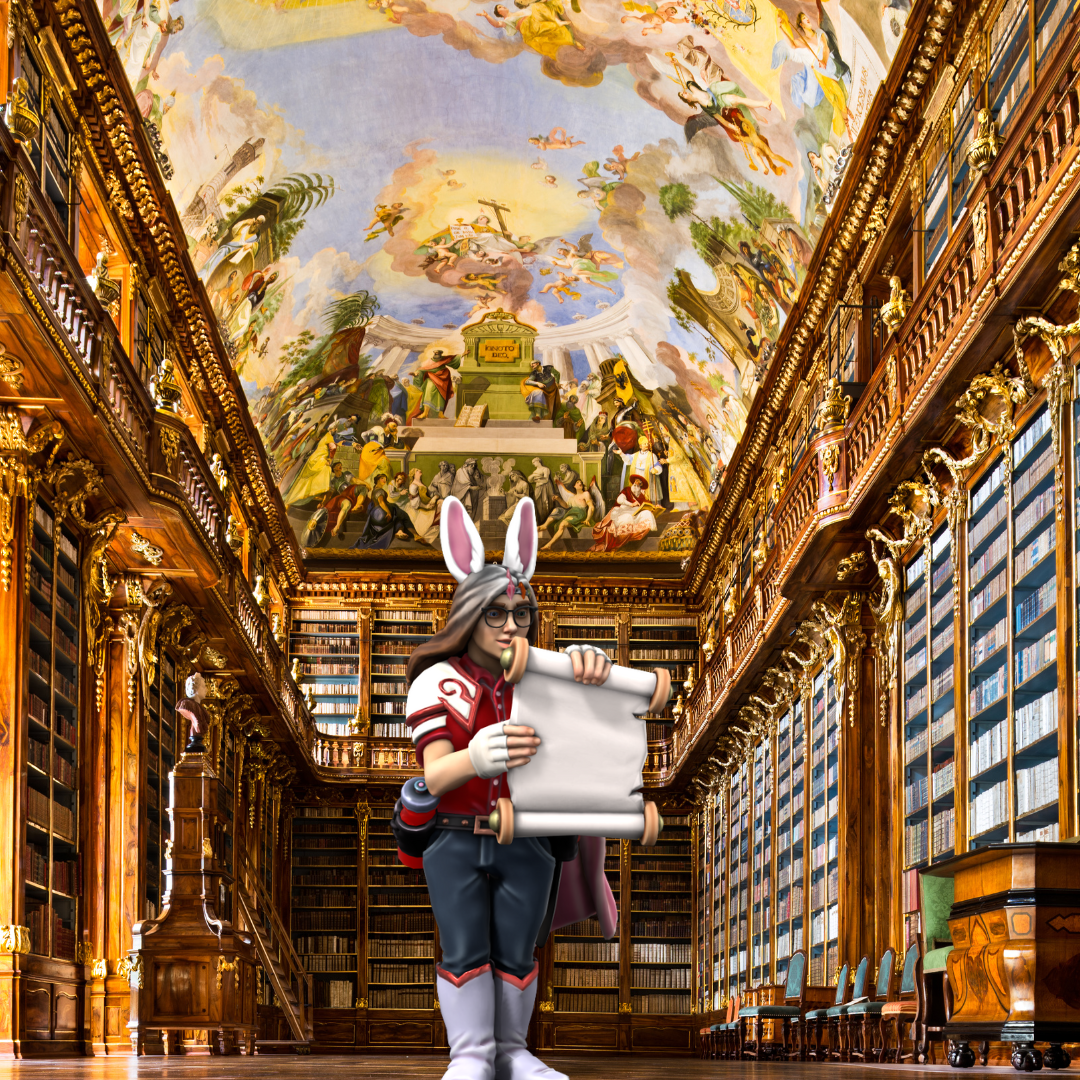 A woman with bunny ears and glasses in a library, reading a scroll