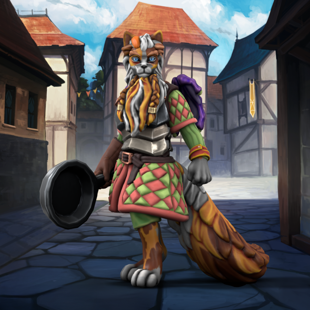 An armoured anthropomorphic Maine Coon calico cat with a braided neck-ruff, armed with a frying pan, standing at the ready in a medieval village
