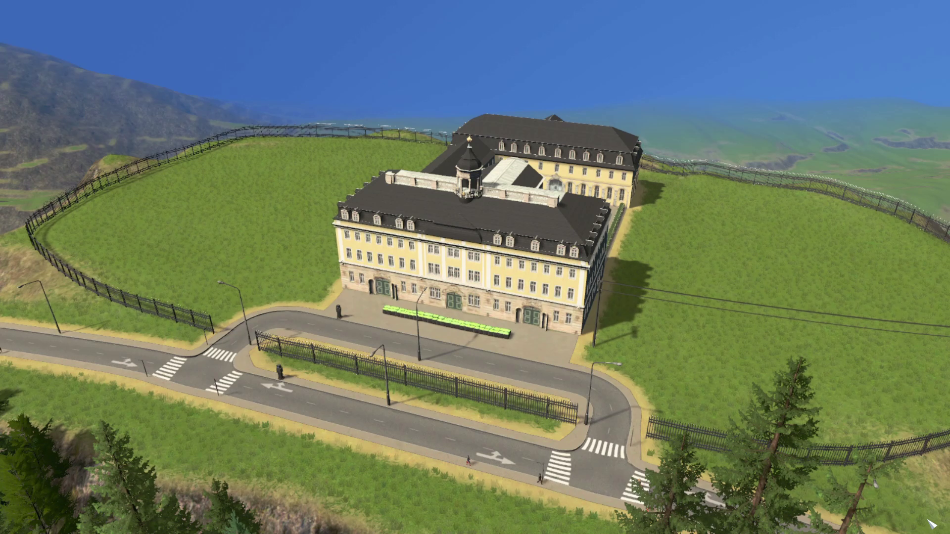 A castle on the top of a mountain in the American Colonial Revival architectural style
