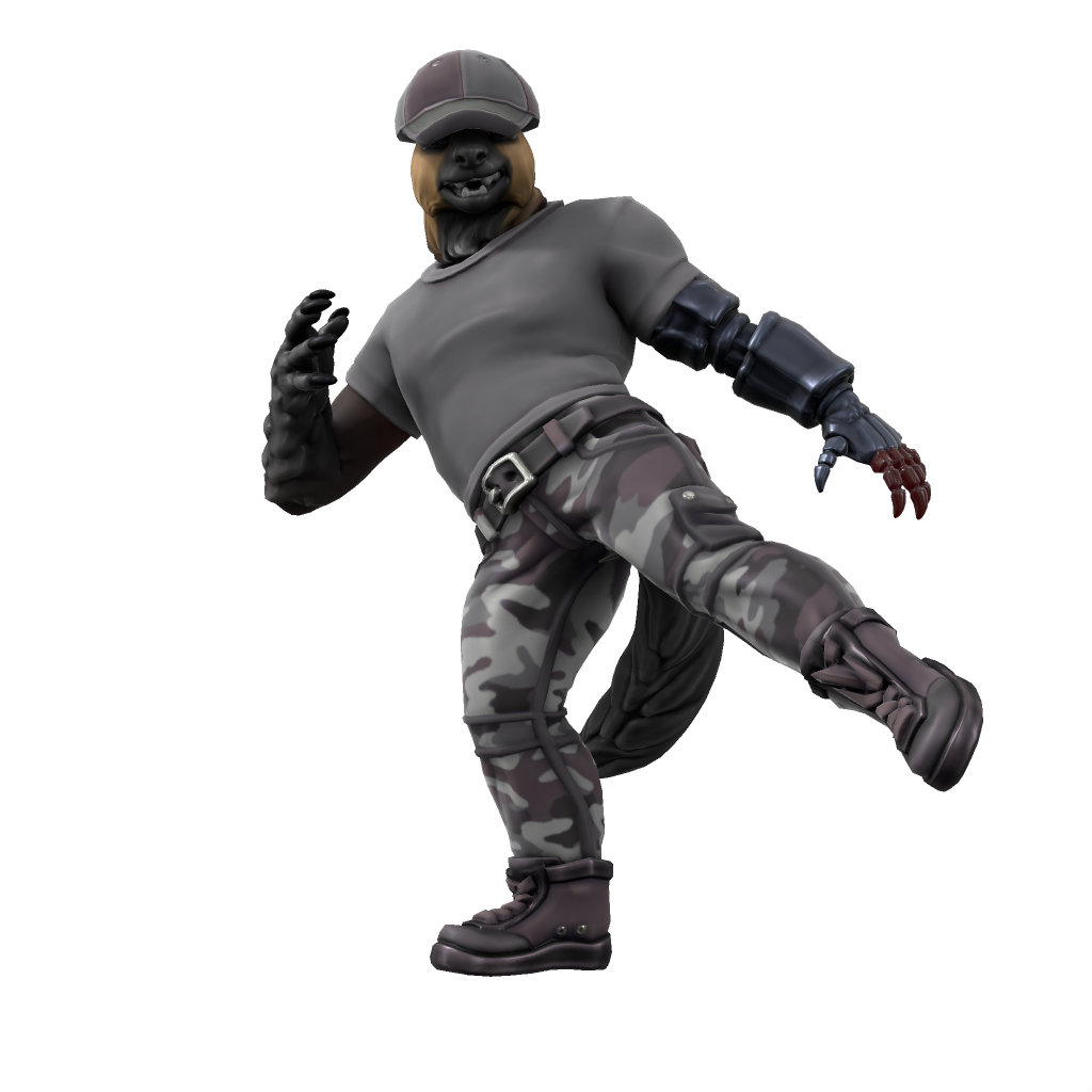 An anthropomorphic wolverine with a prosthetic arm in grey military casuals, snarling and kicking