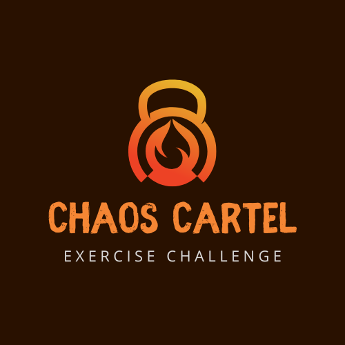 A logo showing a weight with a fire symbol in it against a brown background. Text: Chaos Cartel Exercise Challenge