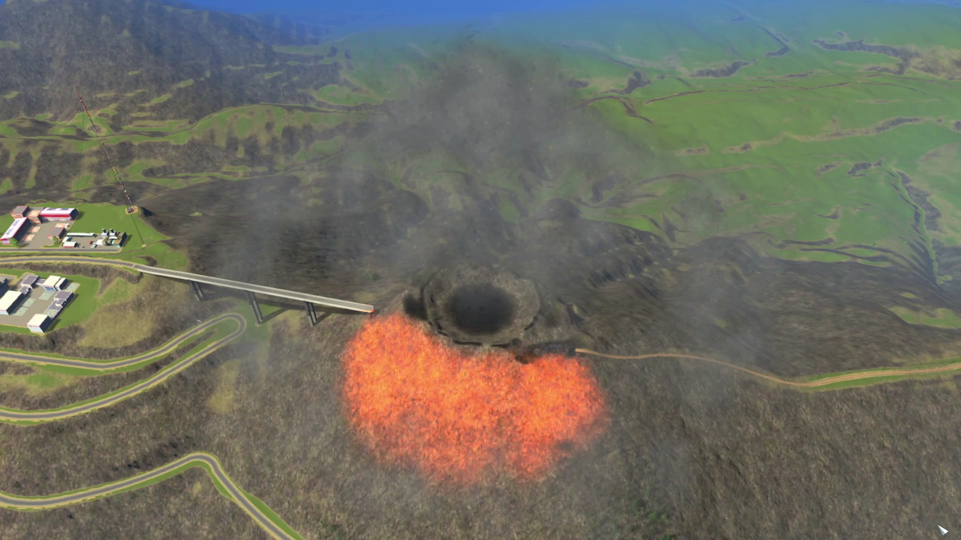 A crater at the top of a mountain, with a shockwave and a forest fire radiating from it