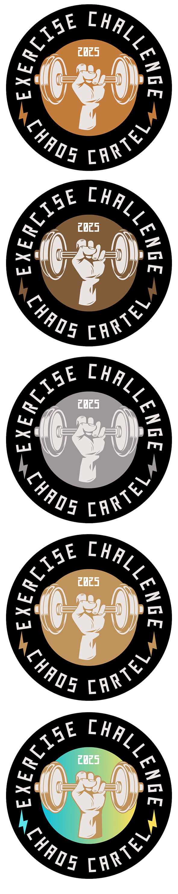 A series of five badges with a fist holding a barbell in the center, with the year 