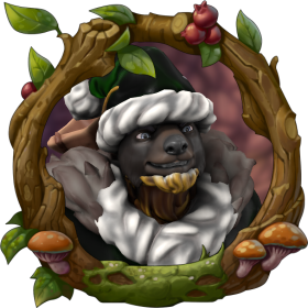 A portrait of a grinning werebadger in a green Santa outfit, in a woodland frame