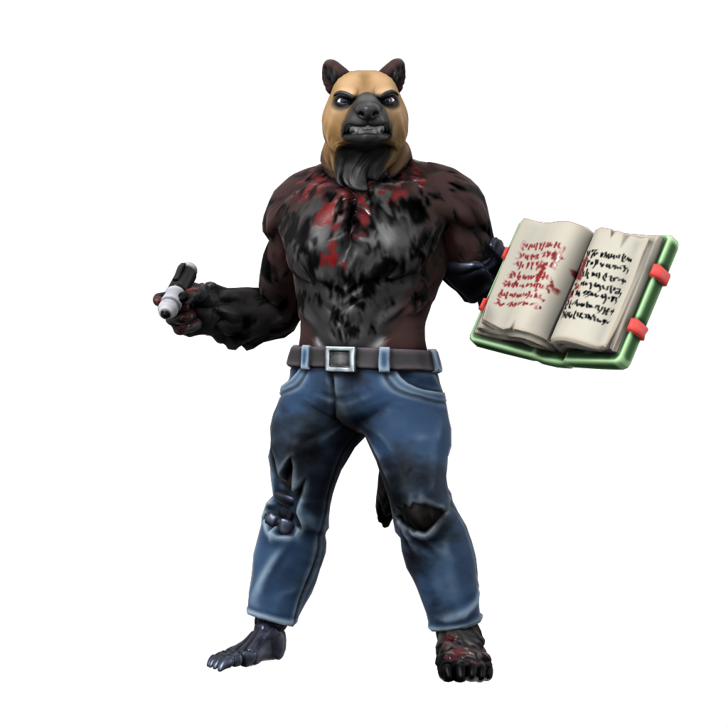 A bloody werebadger, snarling, with a pen and a book