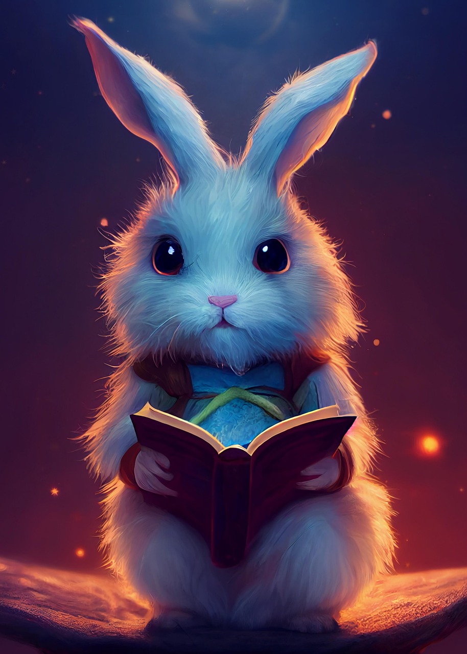 A small white rabbit, with human hands and wearing a tunic, reading a book