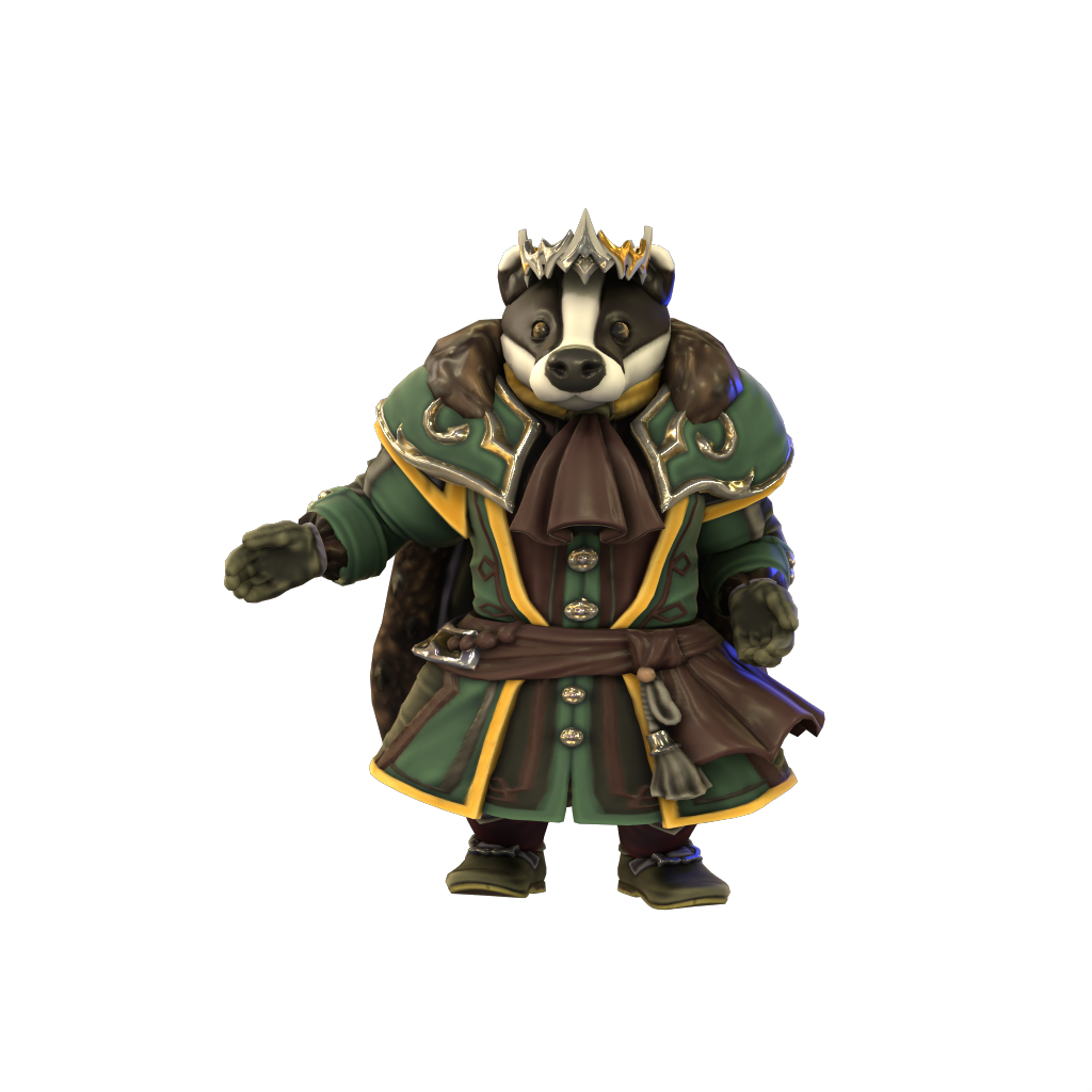 An anthropomorphic badger in king's robes