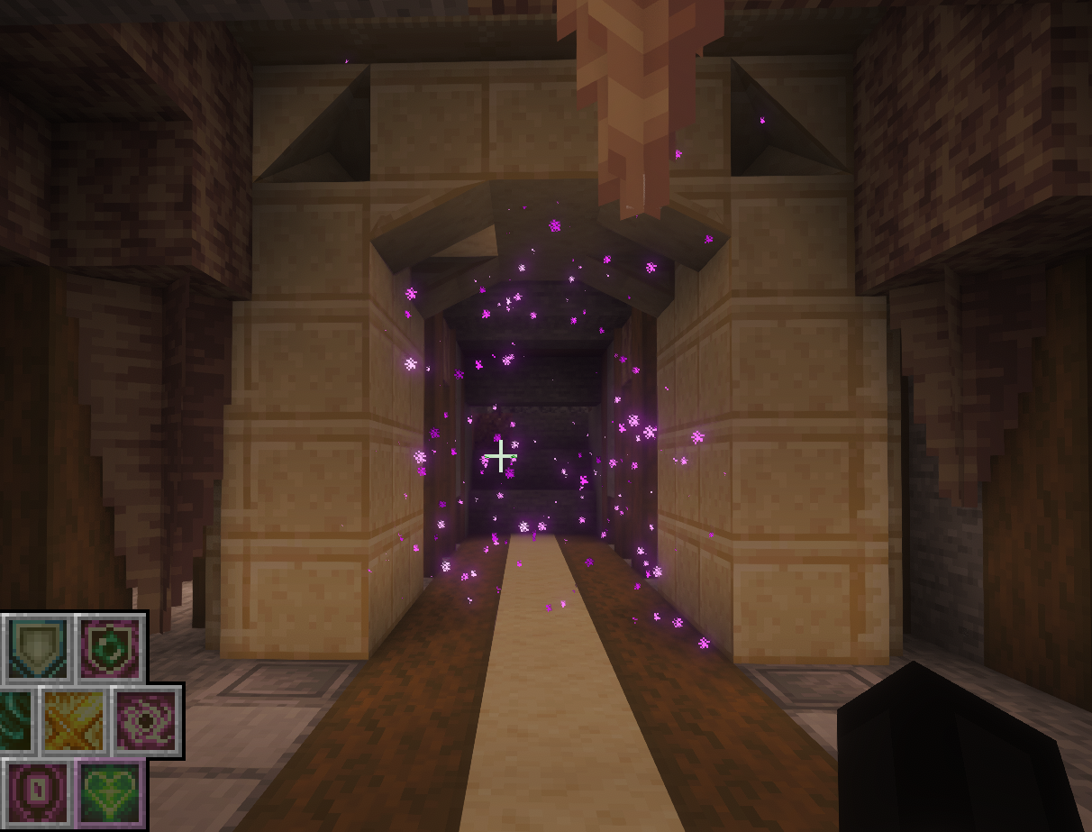 A (Minecraft) archway in stone, framed by wooden beams and a stonefloor, with an active ender-sparkling in the arch and a stalactite in front