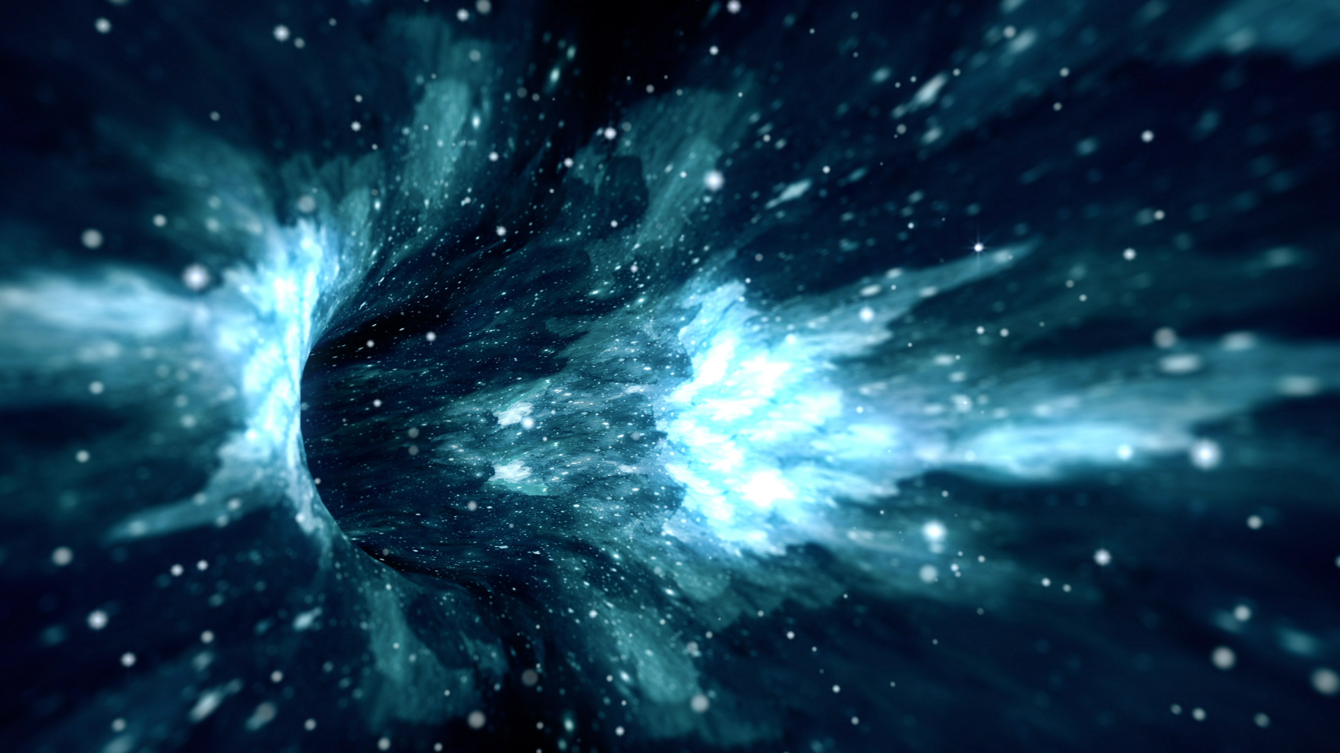 A wormhole in the cosmic void, with stars and nebulas bending towards the wormhole