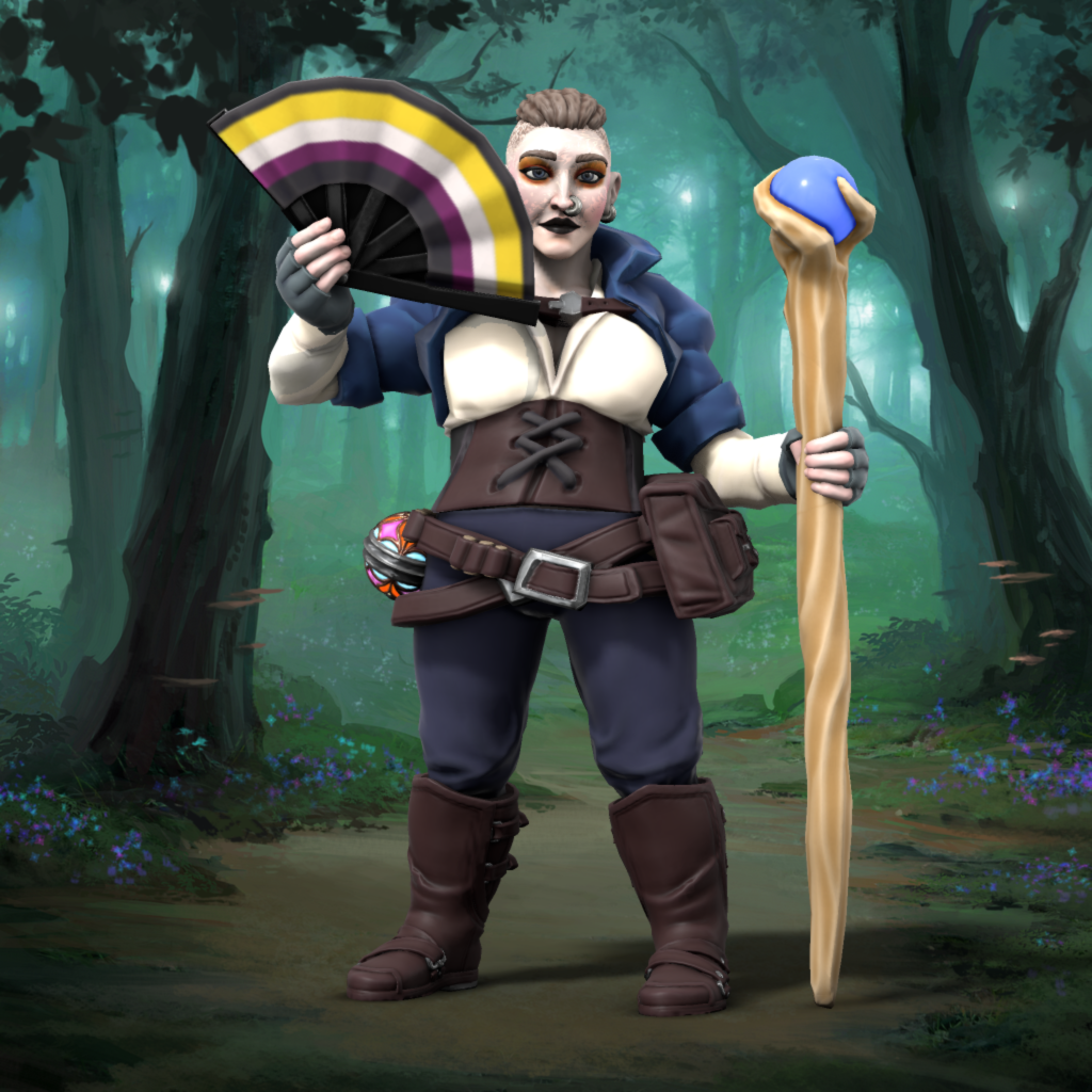 Stitch_Witch_-_Denver.png A pale, curvy person in a leather corset, with short-cropped flaxen hair, shaved at the sides, a nose ring and smoky eye makeup, carrying a wooden staff with a blue orb at the top in one hand, and a fan striped with the non-binary Pride colours in the oth