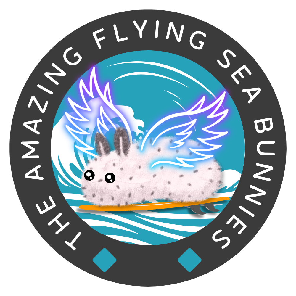 A winged sea bunny on a surfboard, smiling and coasting a giant wave, in a circle logo. Surrounding text in a black band that rings the circle: 