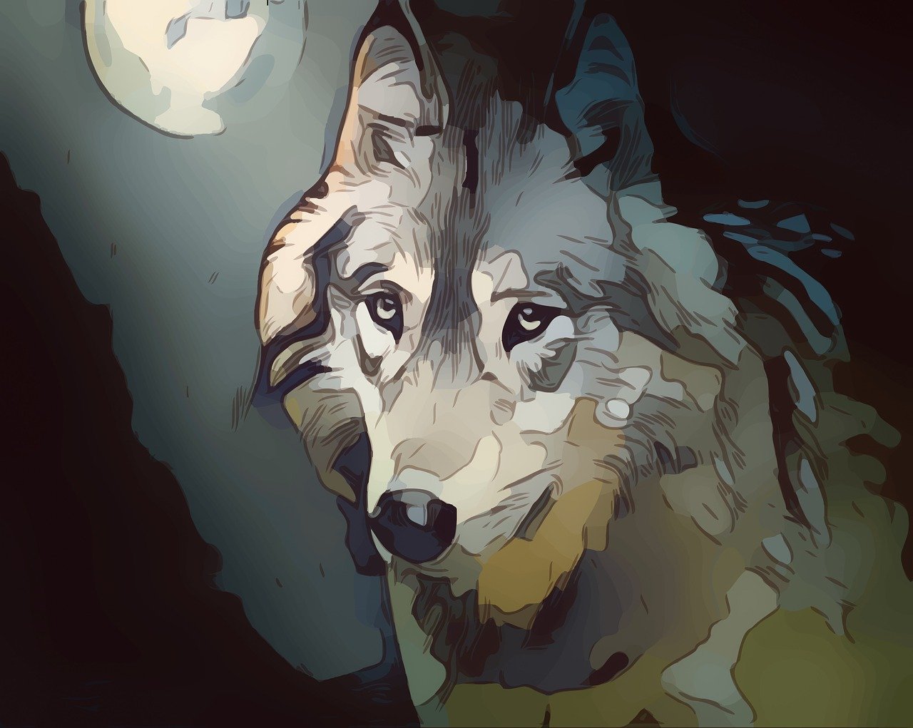 Impressionist painting of a silver-eyed, silvery wolf under a full moon