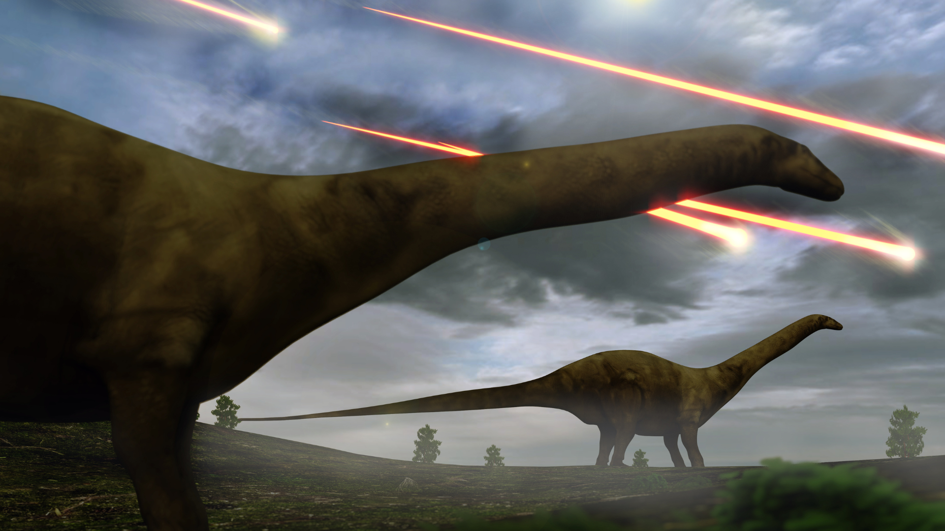 Sauropod dinosaurs flees from a massive meteor shower