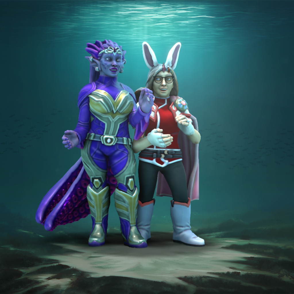 A kraken-woman and a woman with bunny ears, both in formal dress, laughing and applauding, underwater