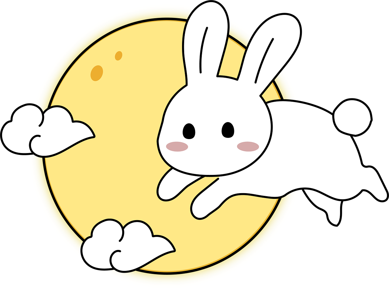 A cartoon rabbit flying past the moon, among puffy clouds