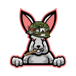 An angry rabbit in grey and Lapin pink, wearing an army helmet with cigarettes, liquor, Ace of Spades card, and ammo in the band, champing on a cigar