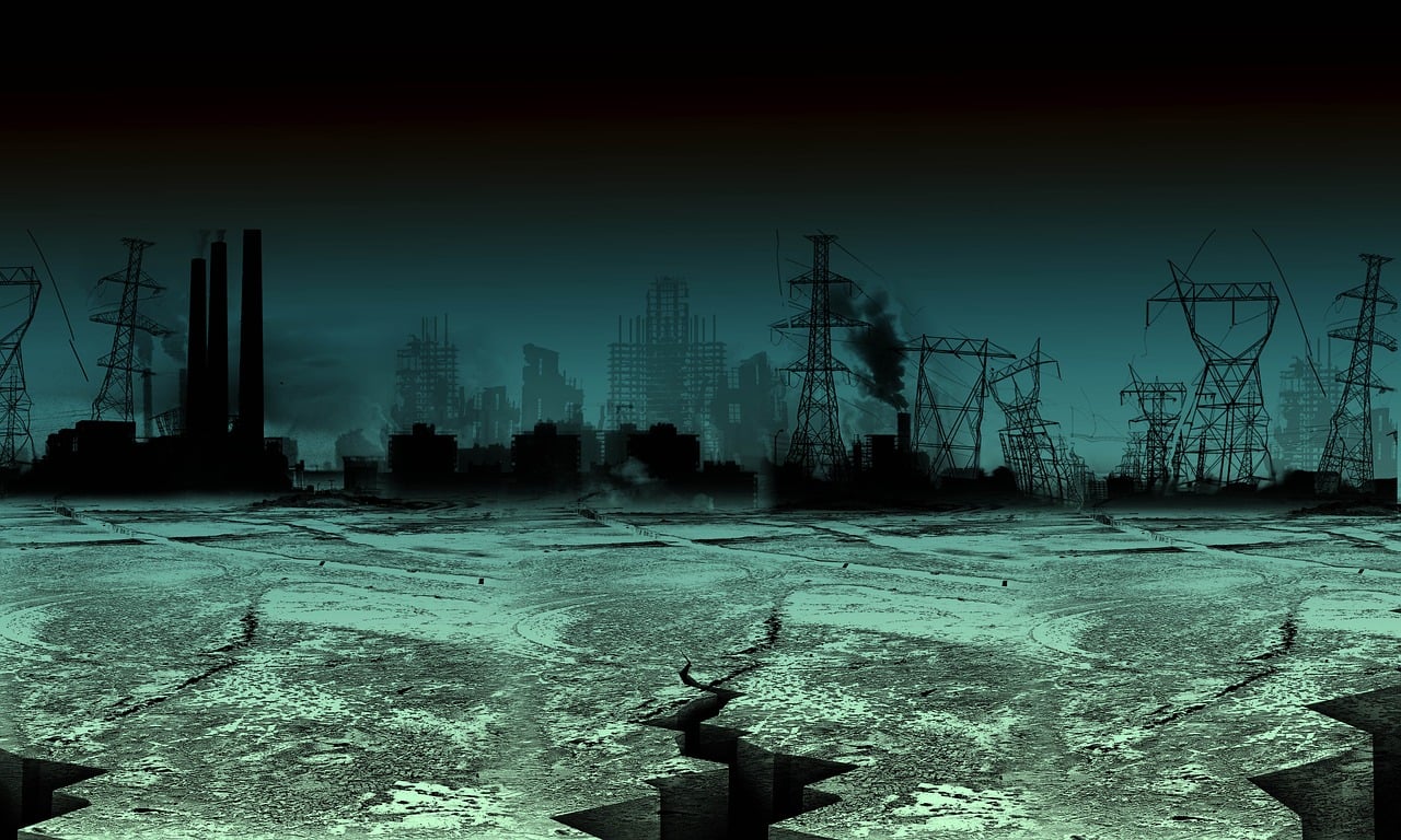 A shattered landscape of power relay stations and large buildings, in a dark, aqua-coloured setting, possibly underwater