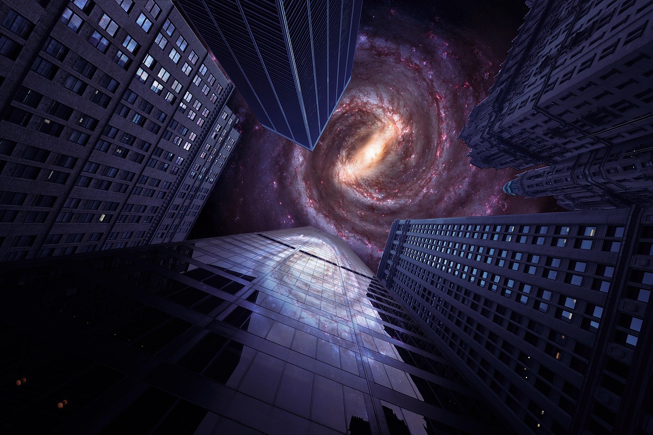 A view from the ground to the sky through skyscrapers, looking into a swirling galaxy above