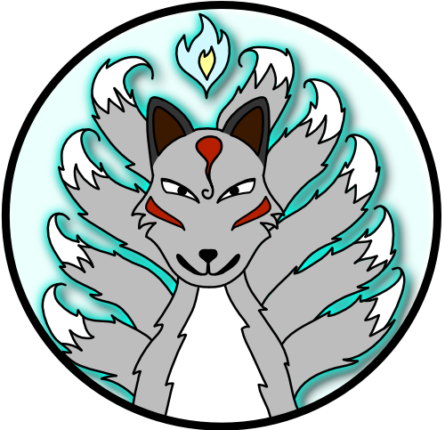 A nine-tailed grey kitsune, with 