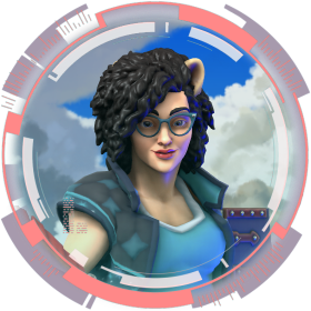 A portrait of a woman with curly hair and glasses in a sci-fi picture frame, against a blue sky
