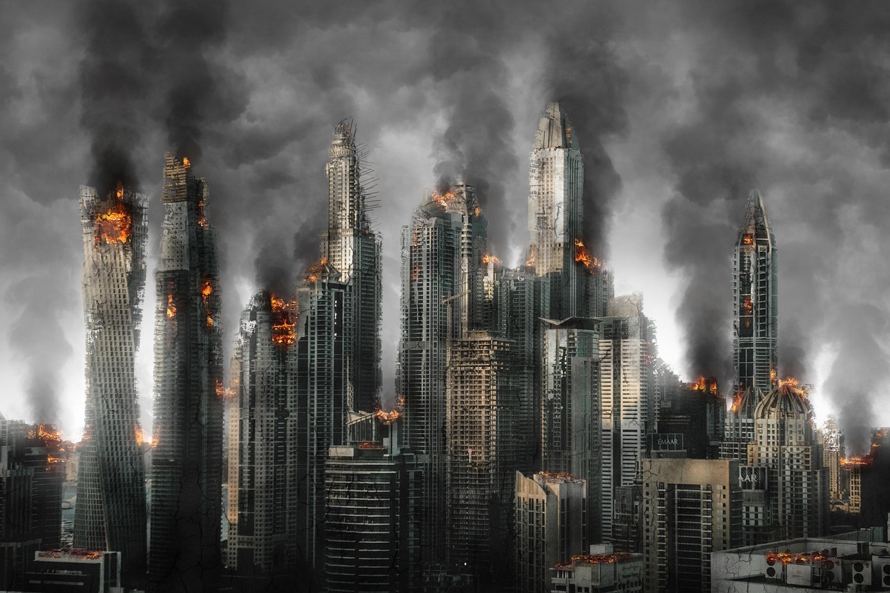 A modern city skyline in flames