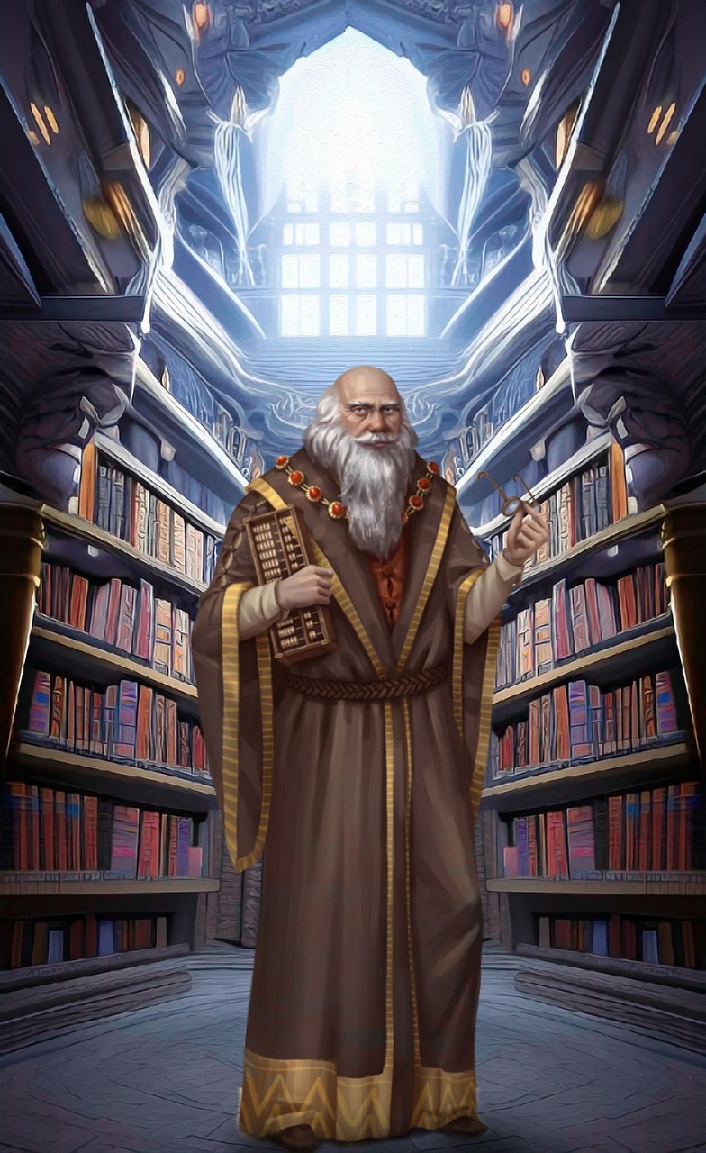 An elder man, bald, with long white hair, in librarian's robes and carrying an abacus and spectacles, in an ancient library