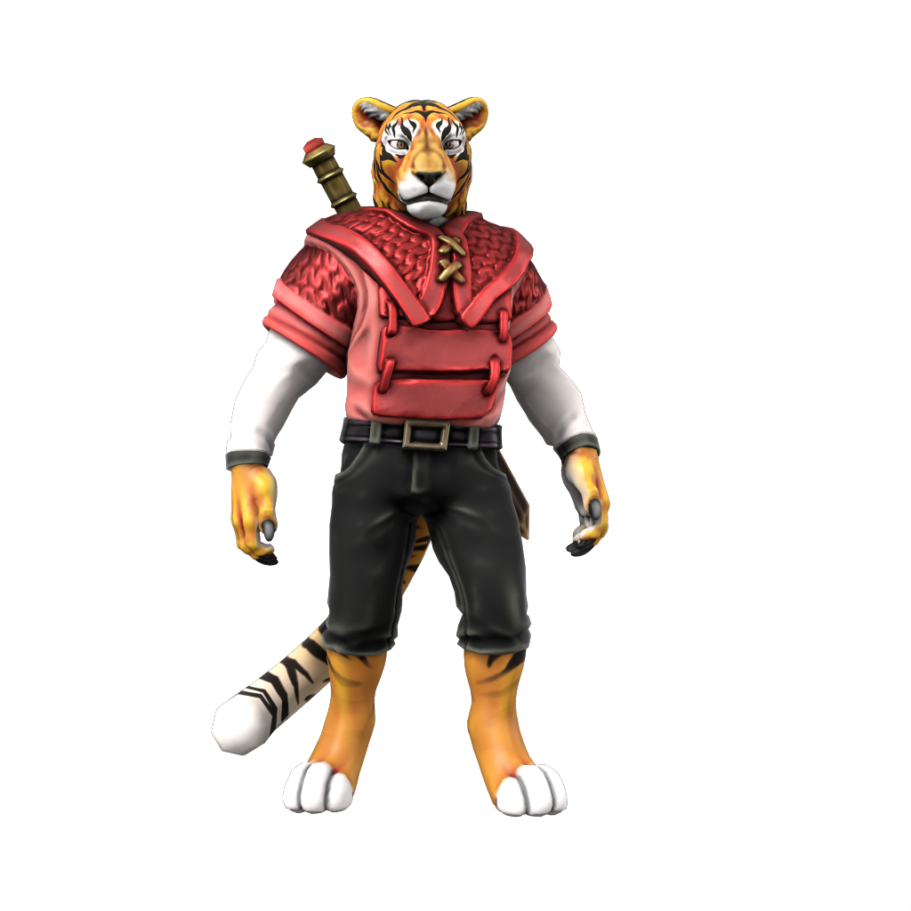An anthropomorphic tiger with a sword in pink armour