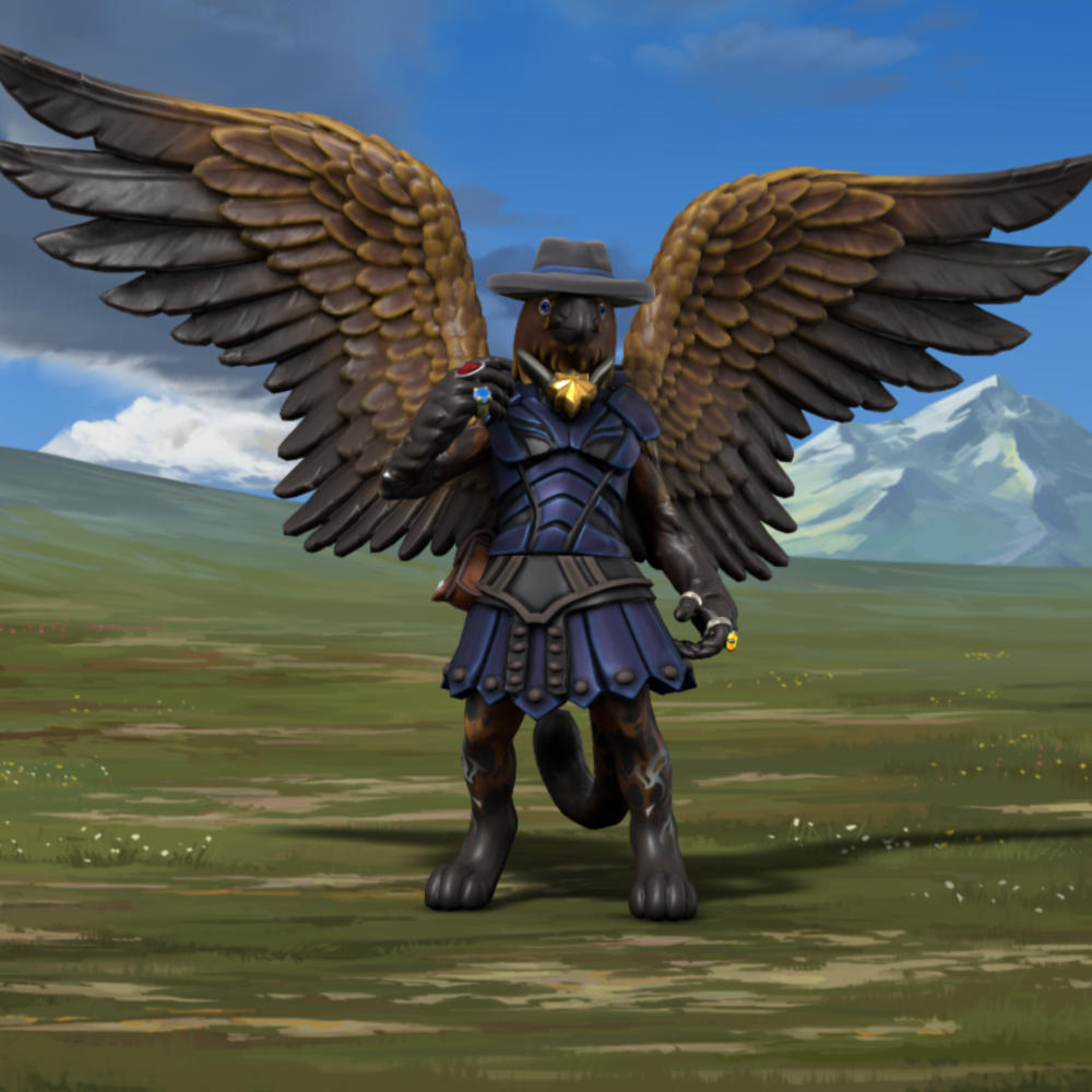 An anthropomorphic griffon in blue leather armour and a fidora, raising her fist in a cheer, standing in a meadow under an open blue sky