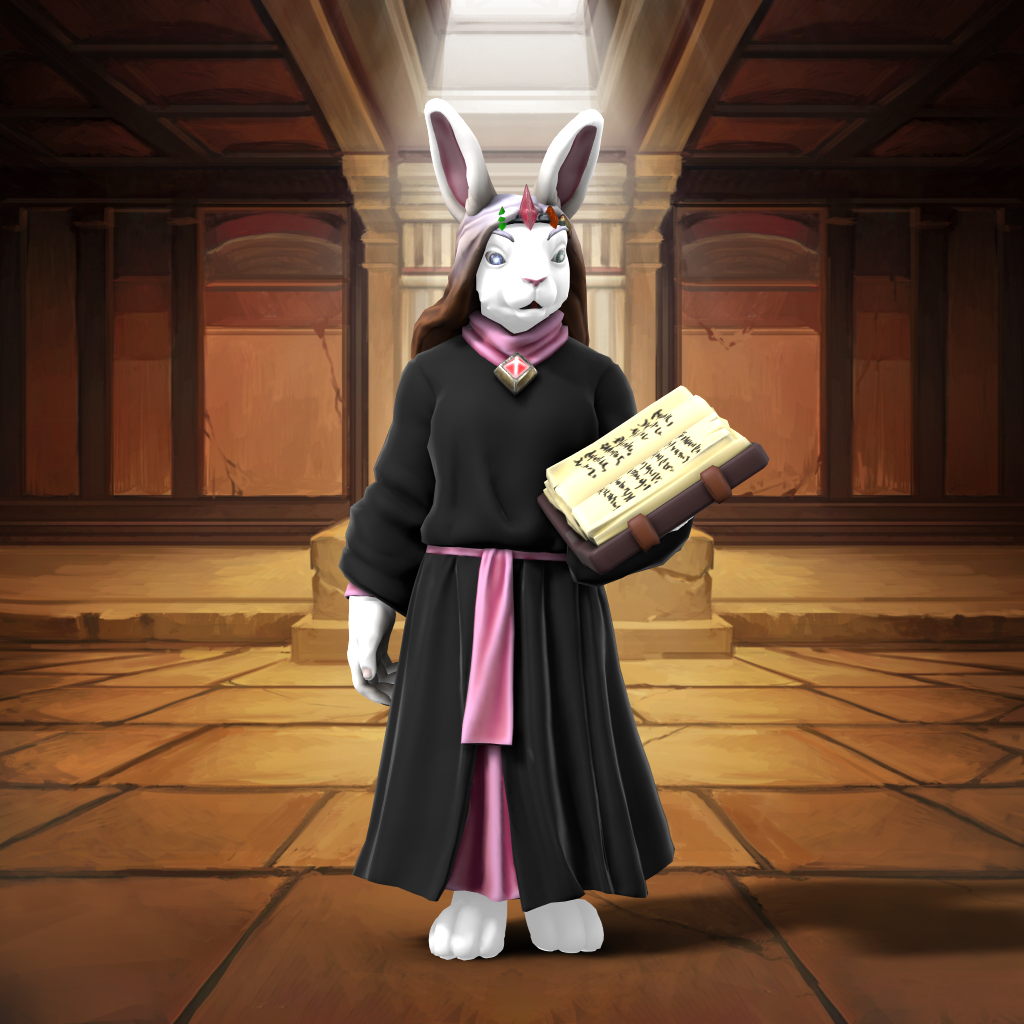 An anthropomorphic rabbit in librarian's robes with a book in hand, standing in a room that might be a library