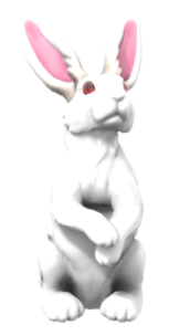 A small white rabbit sitting up on its hind legs