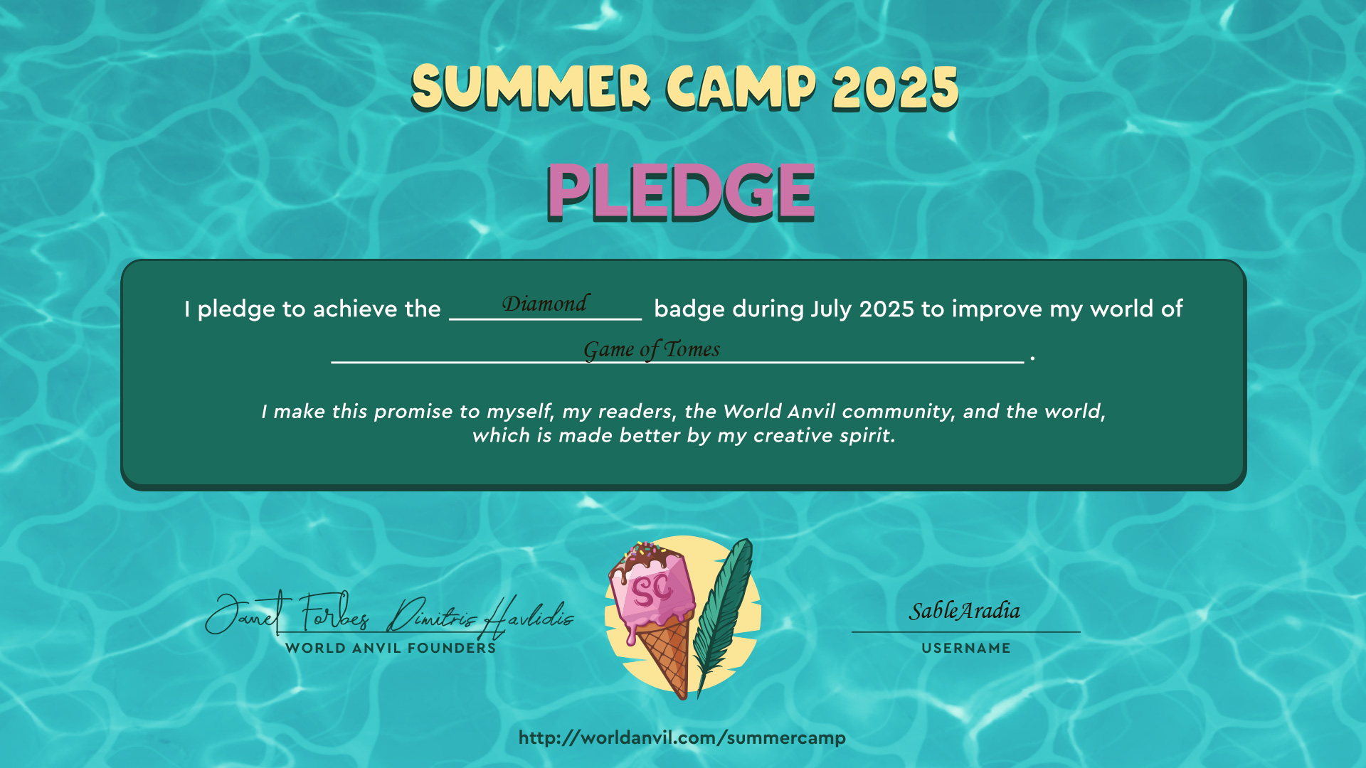 SummerCamp Pledge Document, in which Sable pledges to achieve the Diamond badge on Game of Tomes